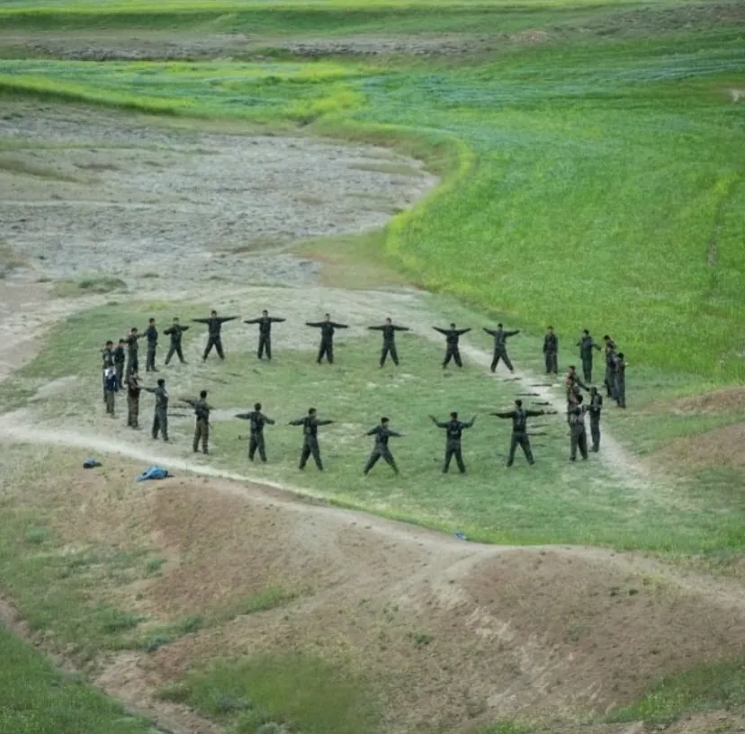 People forming a circle on a hillside