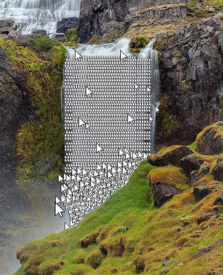 A waterfall landscape interrupted by a chaotic curtain of cursor arrows, because even nature gets a user interface now